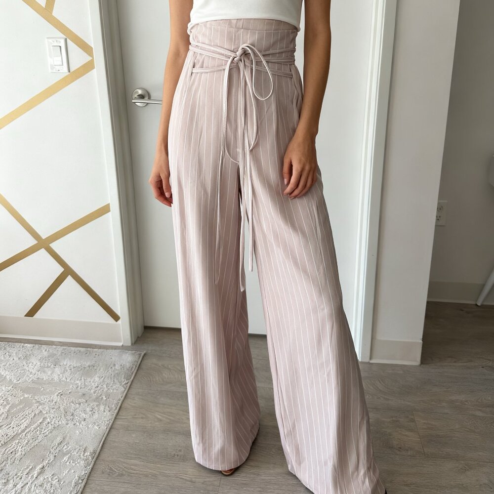 💓ASOS LUXE Wide Leg Tie Waist Pants – Beige Pinstripe – US 6 (S) – New